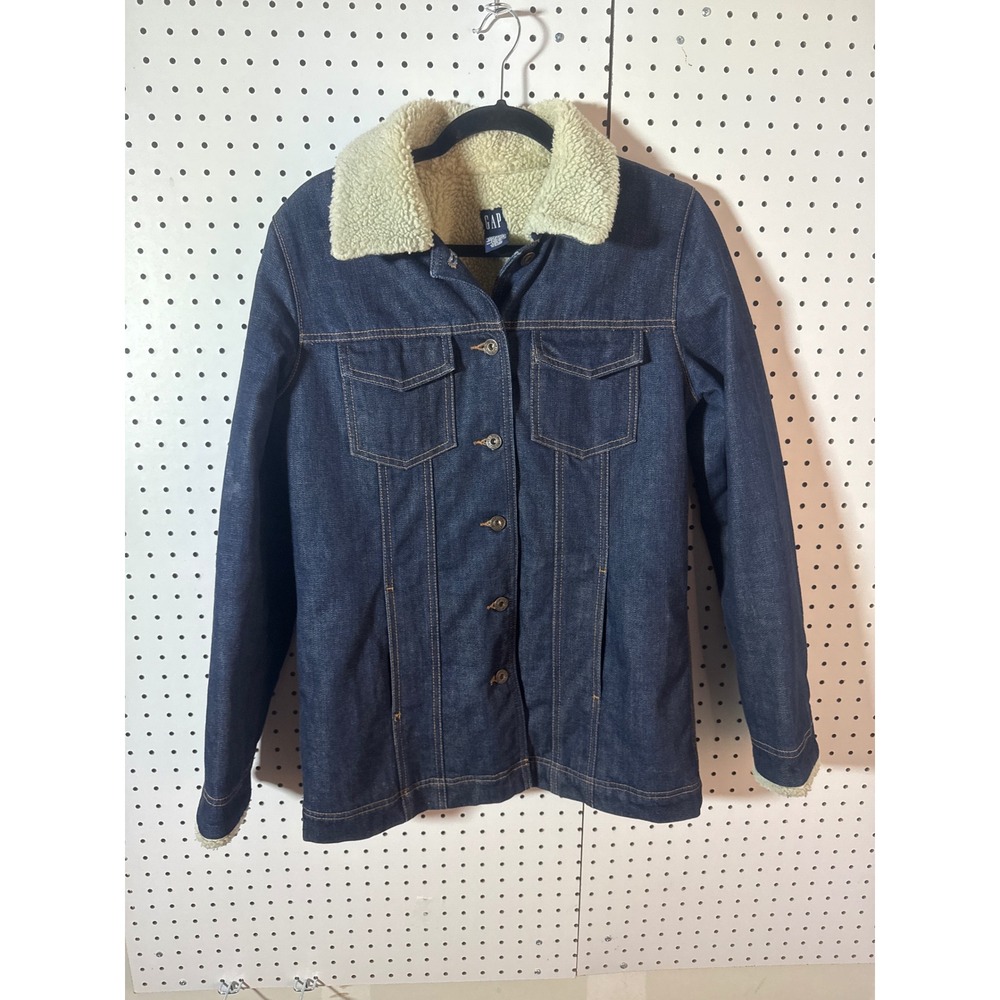 Gap Denim Sherpa Lined Trucker Jacket Womens Medium Dark Wash Blue Jean Coat